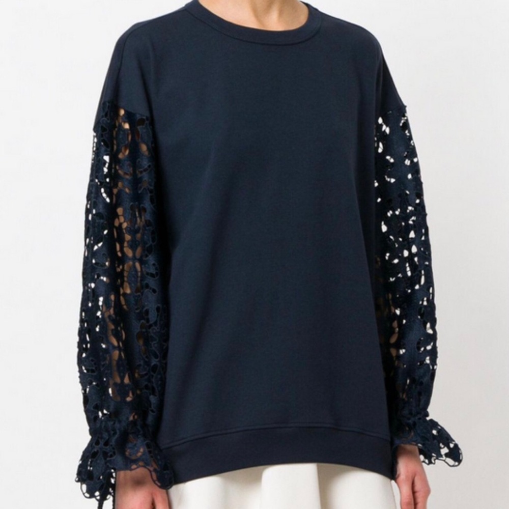 See By Chloé Navy Lace Sleeved Cotton Sweater XS